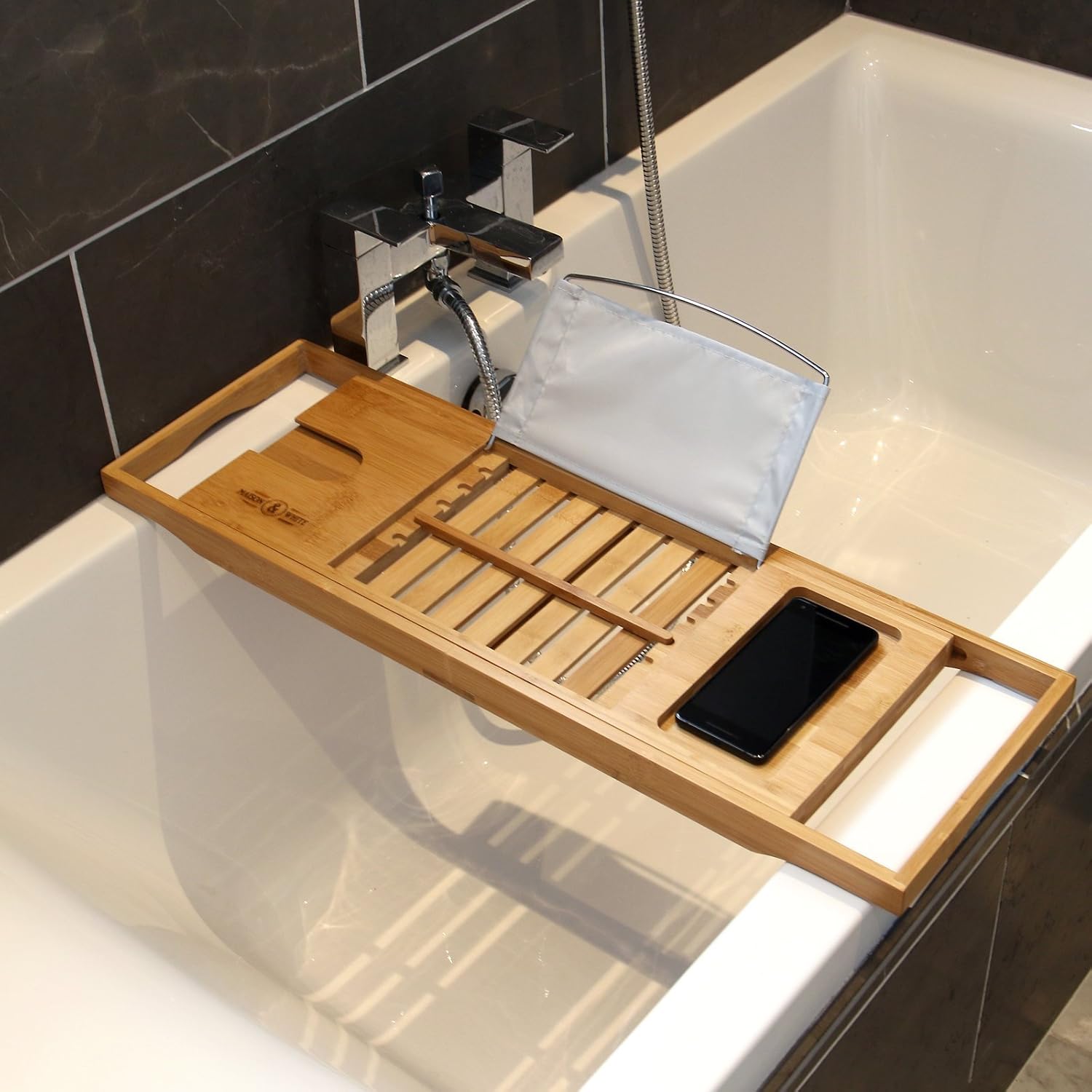 Extendable Bamboo Bath Caddy & Tray | Non-slip Feet | Adjustable Luxury Home Spa Wood Bath Caddy | Wine Glass, Tablet / Book, Smartphone Holder | M&W - Image 5