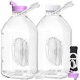 2 Pack 64 Oz Heavy Duty Glass Milk Bottle with 1 Silicone Spout and 3 Reusable Airtight SCREW LID, 2 Qt Glass Water Bottle with 2 Exact Scale Lines - Milk Jug Pitcher - 1/2 Gal Juice Bottles