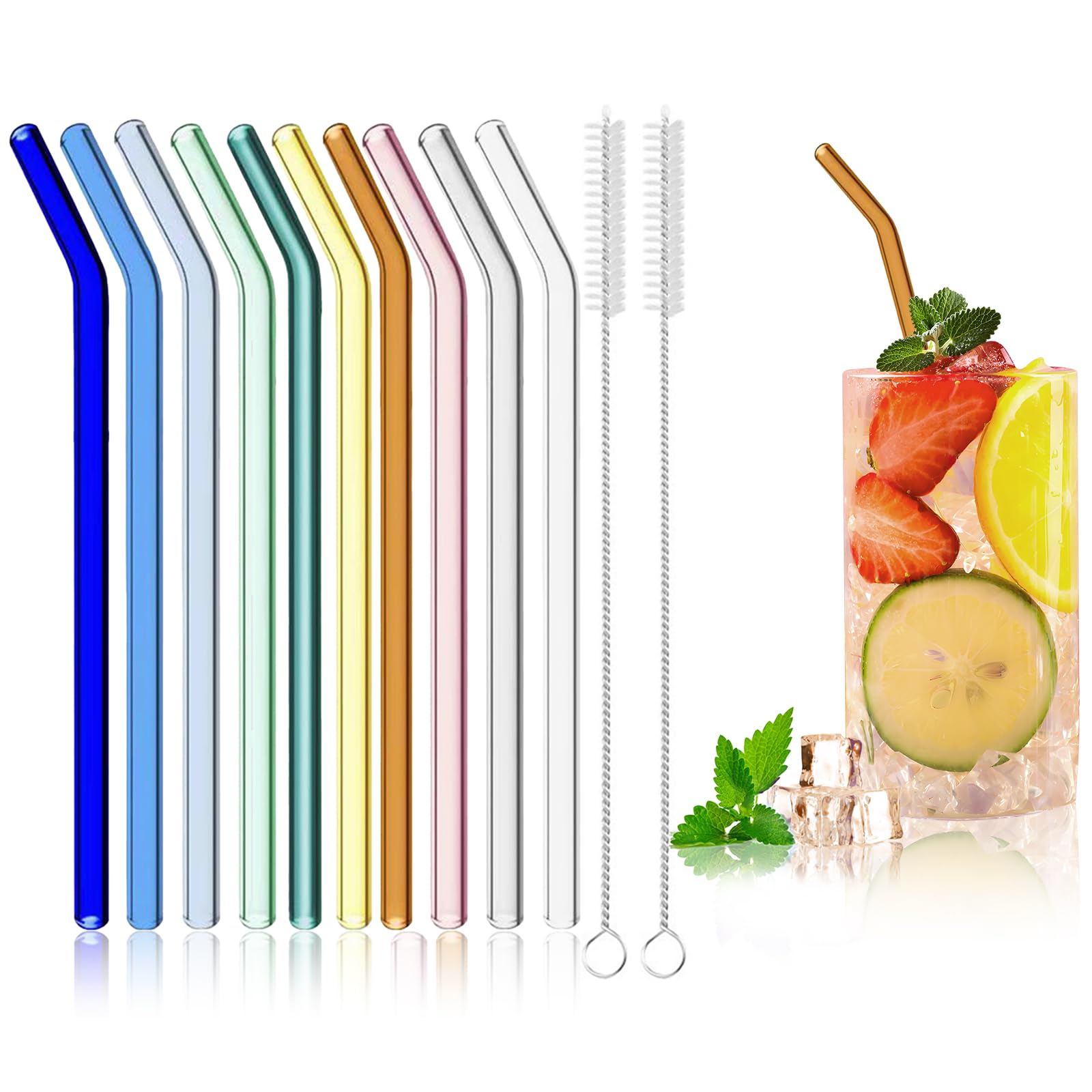 10 Pcs Glass Straws Reusable, 20cm Coloured Drinking Straw with 2 Cleaning Brushes, Glass Straws BPA-Free for Smoothie Milkshake Milk Coffee Cocktail Cold Drinks 8mm Diameter
