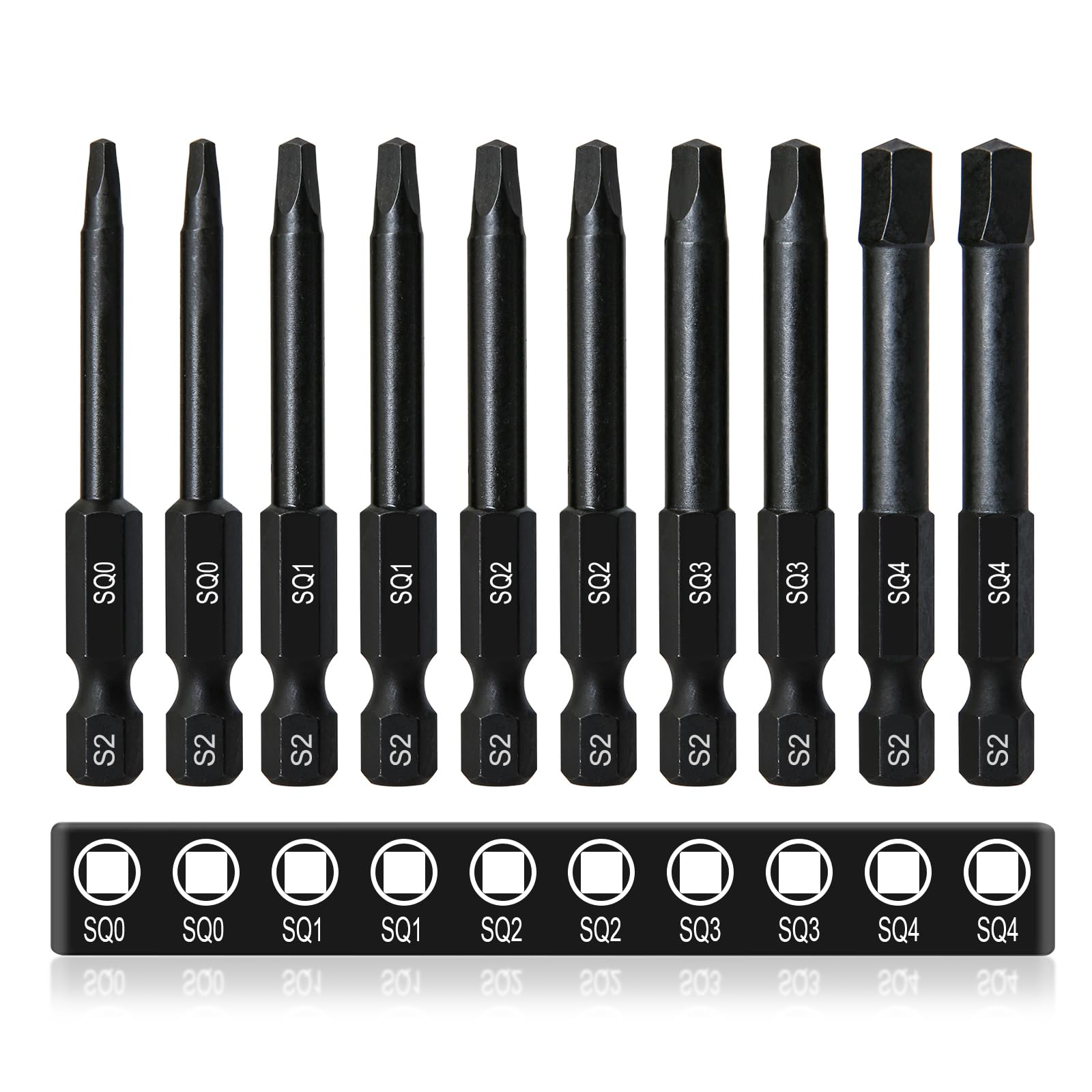 CYLBAQ Square Screwdriver Bits, 10PCS 60mm Square Head Impact Drill Bits Premium S2 Steel 1/4” Hex Shank Magnetic Security Electric Drive SQ0 SQ1 SQ2 SQ3 SQ4 — image 1