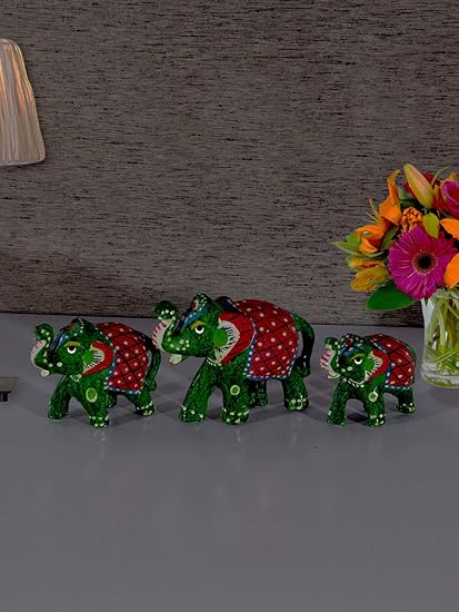DreamKraft Paper Mache Handcrafted Set of 3 Elephant Showpiece for Home Decor and Gift Purpose … (Green)