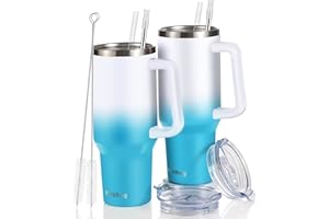 PickBag 40 oz Tumbler 2 Pack with Handle and Straw, Tumbler Set of 2, Double Wall Stainless Steel Leak Proof Cup, Keeps Drinks Cold for 24 Hours Hot for 10 Hours, Dishwasher Safe, Fits Car Cup Holder