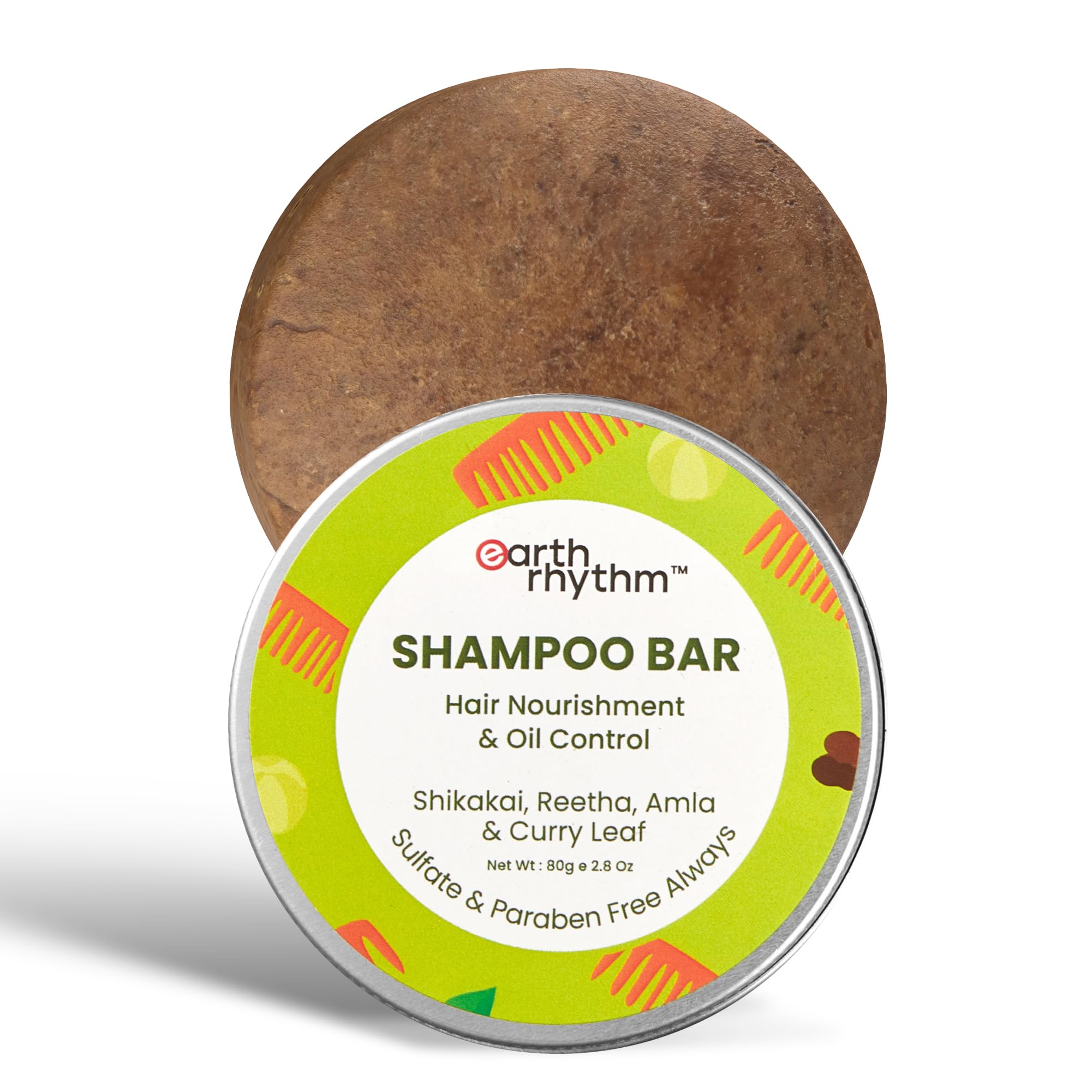 Earth Rhythm Shikakai Shampoo Bar for Hairfall | Contains Shikakai, Curry Leaf, Reeta & Amla Extracts | Men & Women | Sulphate & Paraben Free (Tin Packaging)-80 gm — image 1