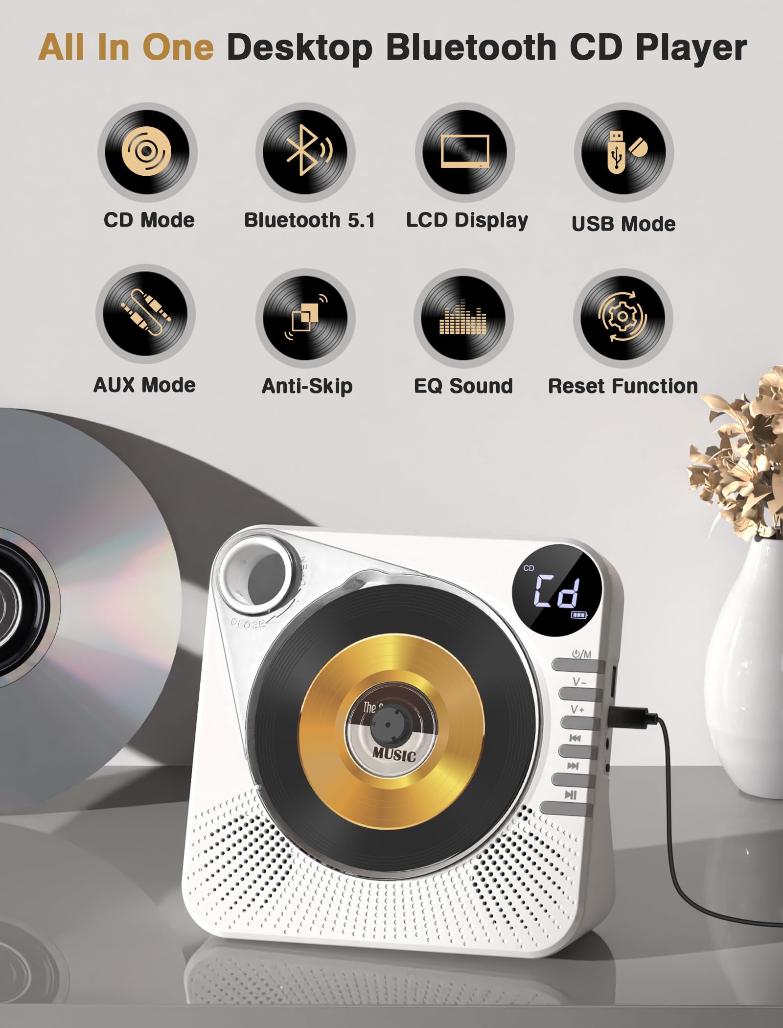 Desktop CD Player Bluetooth with HiFi Dual Speaker, CD Player for Home with Remote Control,Dust Cover,LCD Display,Sleep Timer,EQ Sound,USB/AUX/3.5mm Earphone Jack for Home,Kids,Gift