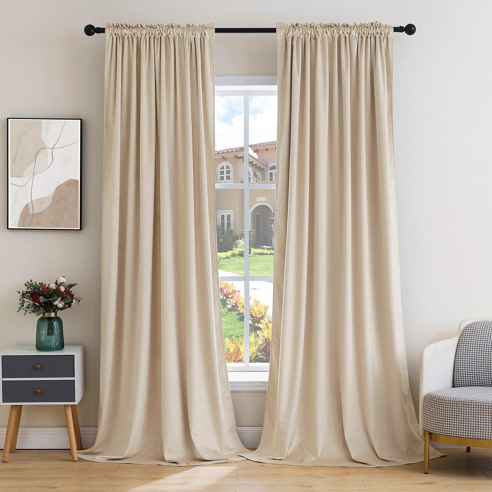 Photo 1 of MIULEE Beige Velvet Curtains Thermal Insulated Blackout Curtain Drapes for Bedroom Living Room Darkening 96 Inches Long Curtains Panels Rod Pocket Set of 2