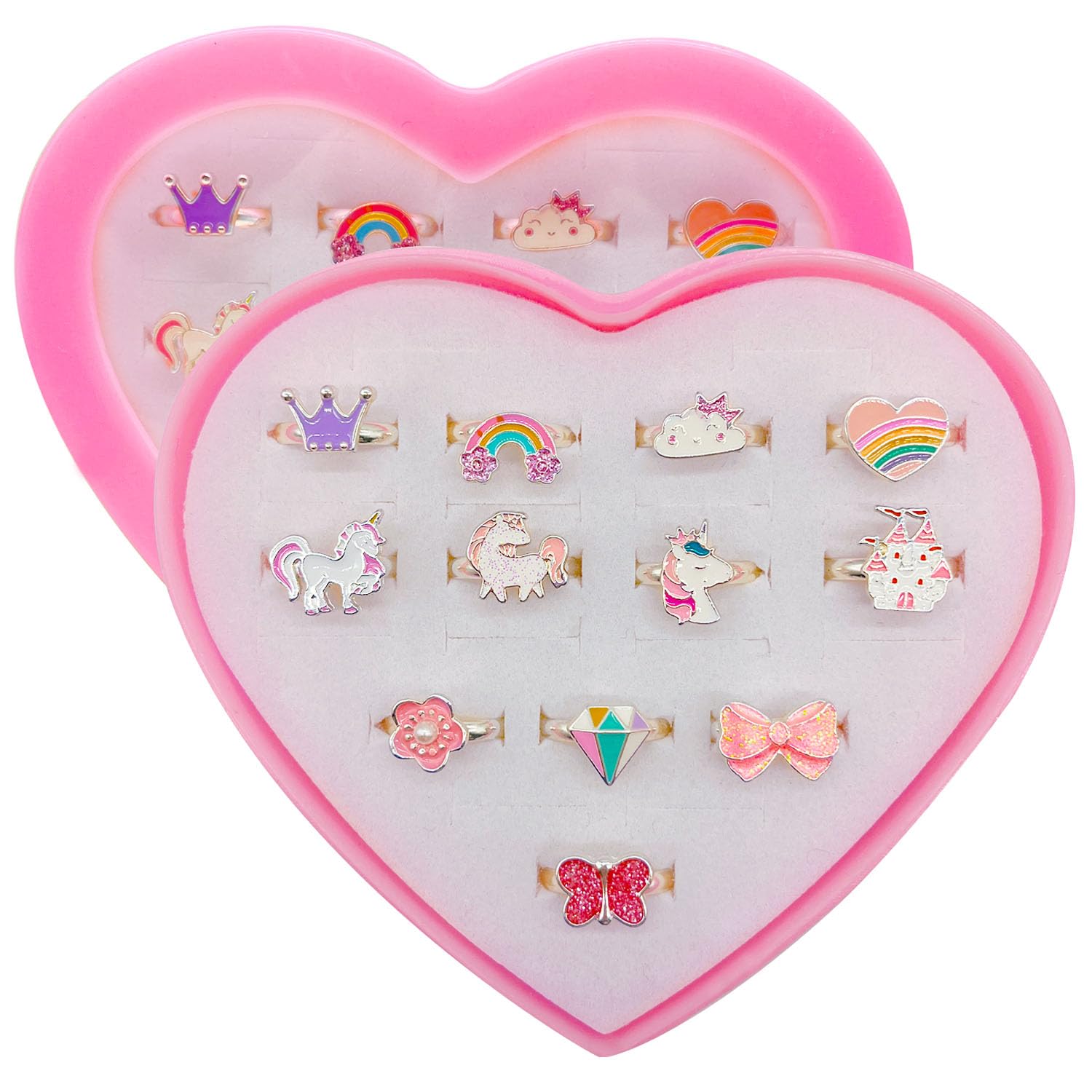 Steemjoey 12 PCS Adjustable Girls Rings Set - Unicorn and Princess Dress Up Toys With Heart Shape Box for Children and Kids