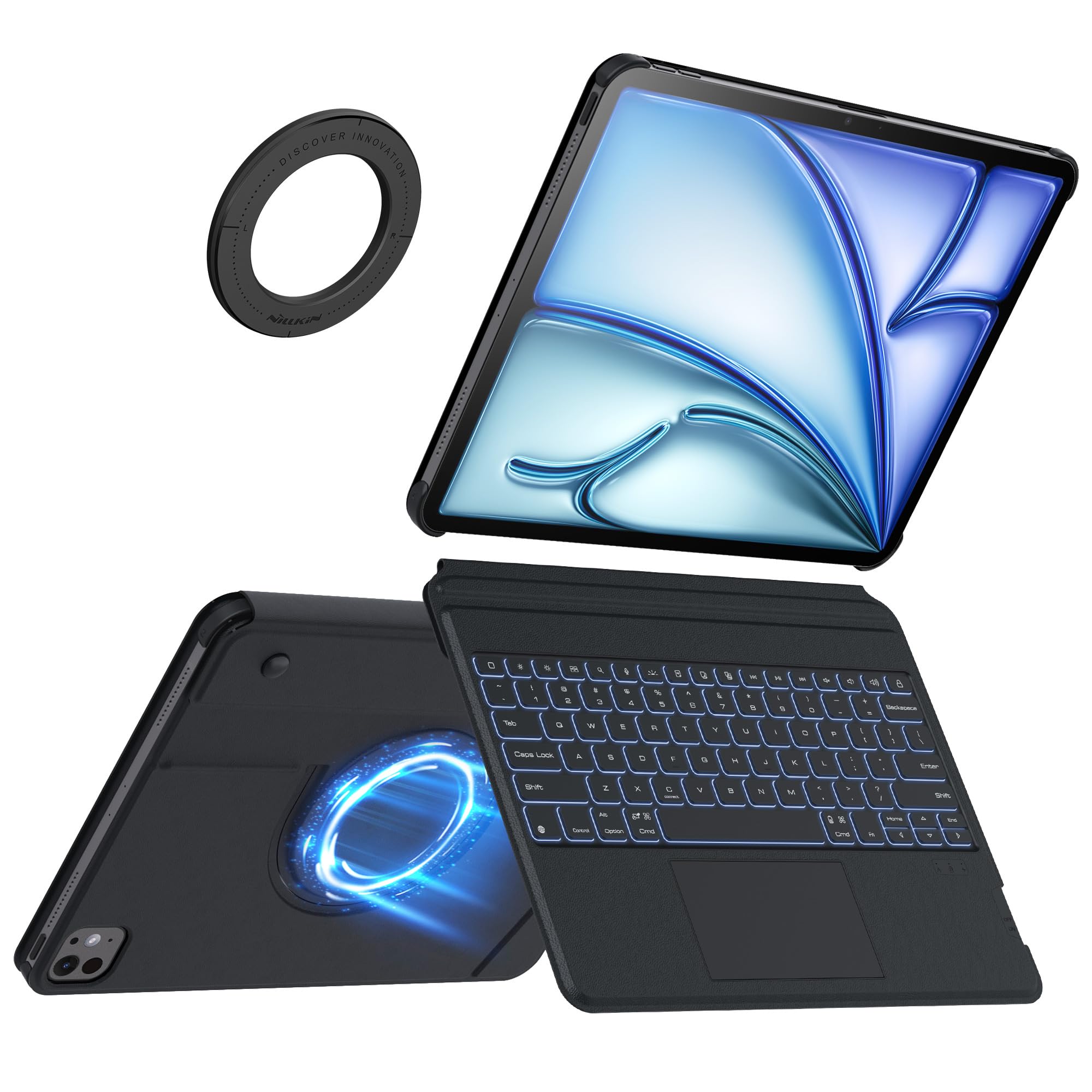 Photo 1 of Nillkin iPad Air 13 inch (M3 2025/M2 2024) Case with Detachable Keyboard, iPad Pro 13 inch (M4,2024), Adhesive Cover with Keyboard, Trackpad, 7-Color Backlit, Magnetic Backplate with iPad Wall Mount