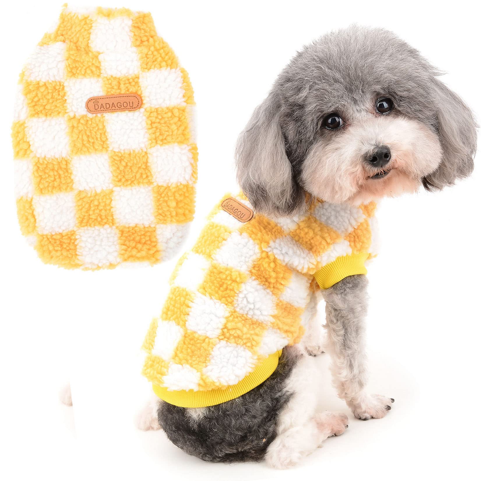Zunea Fuzzy Dog Jumper for Small Dogs Warm Fleece Winter Jacket Coat Plaid Puppy Clothes Fluffy Pullover Sweater Coat Soft Pet Apparel for Dogs Girl Boy Chihuahua Yorkie Cat Yellow L