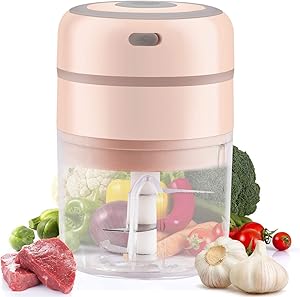 Domccy Electric Mini Garlic Chopper, 250ml Food Mincer with Three Powerful Blade, Wireless Portable Food Processor for Fruits, Vegetables Salad, Chili, Onions, Nuts, Pepper, Ginger Pink