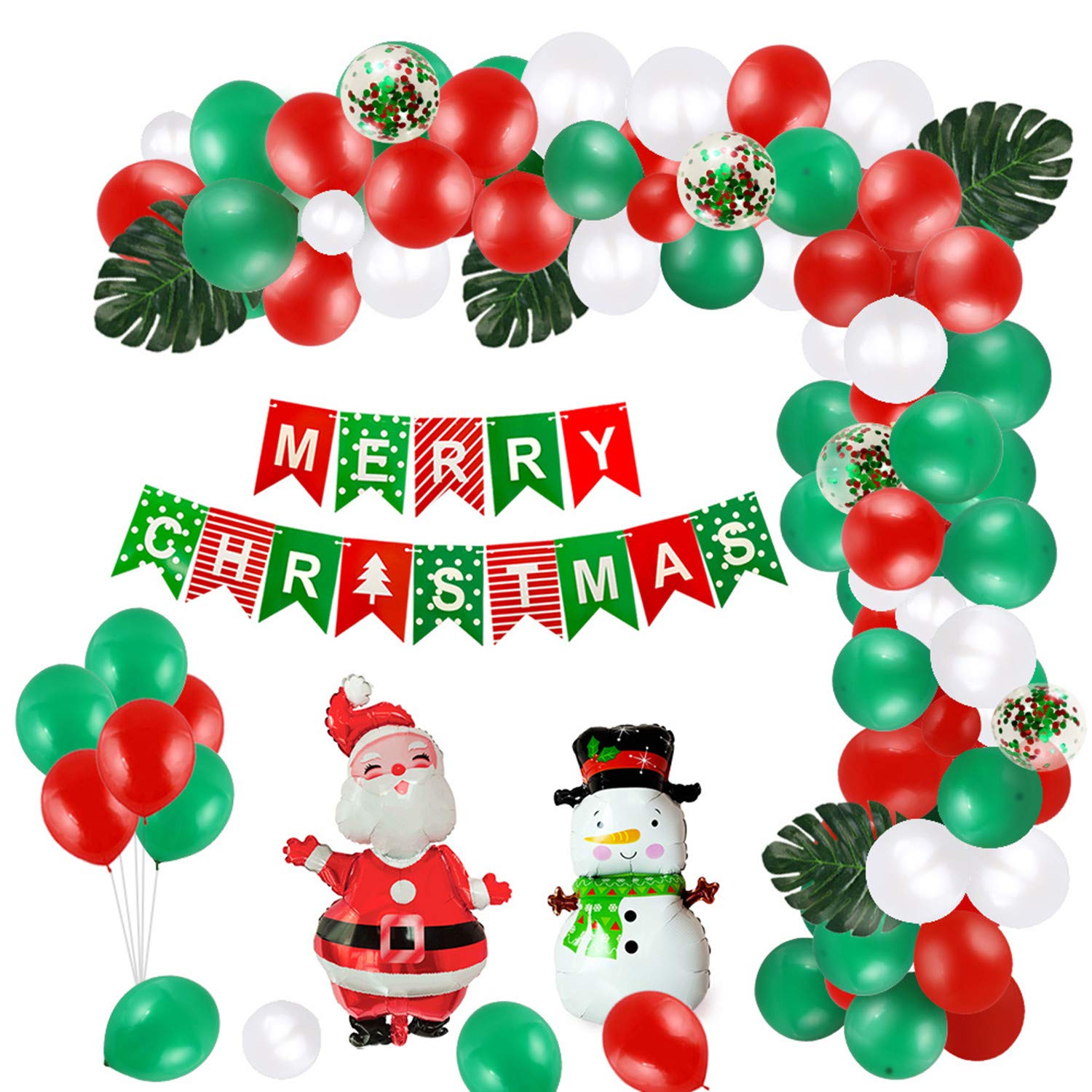 100Pcs Christmas Balloon Garland Arch Kit-Merry Christmas Banner,Santa Claus and Snowman Foil Green Red White Confetti Arch Balloons with Balloon Decorating Strip,For Xmas Holiday Party Decor