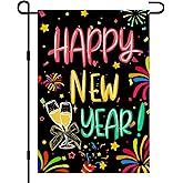Happy New Year Garden Flags for Outside 12x18 Double Sided Burlap, Winter New Year's Welcome Sign Small Flag for Holiday Party Farmhouse Outdoor Yard Lawn Decorations DF624