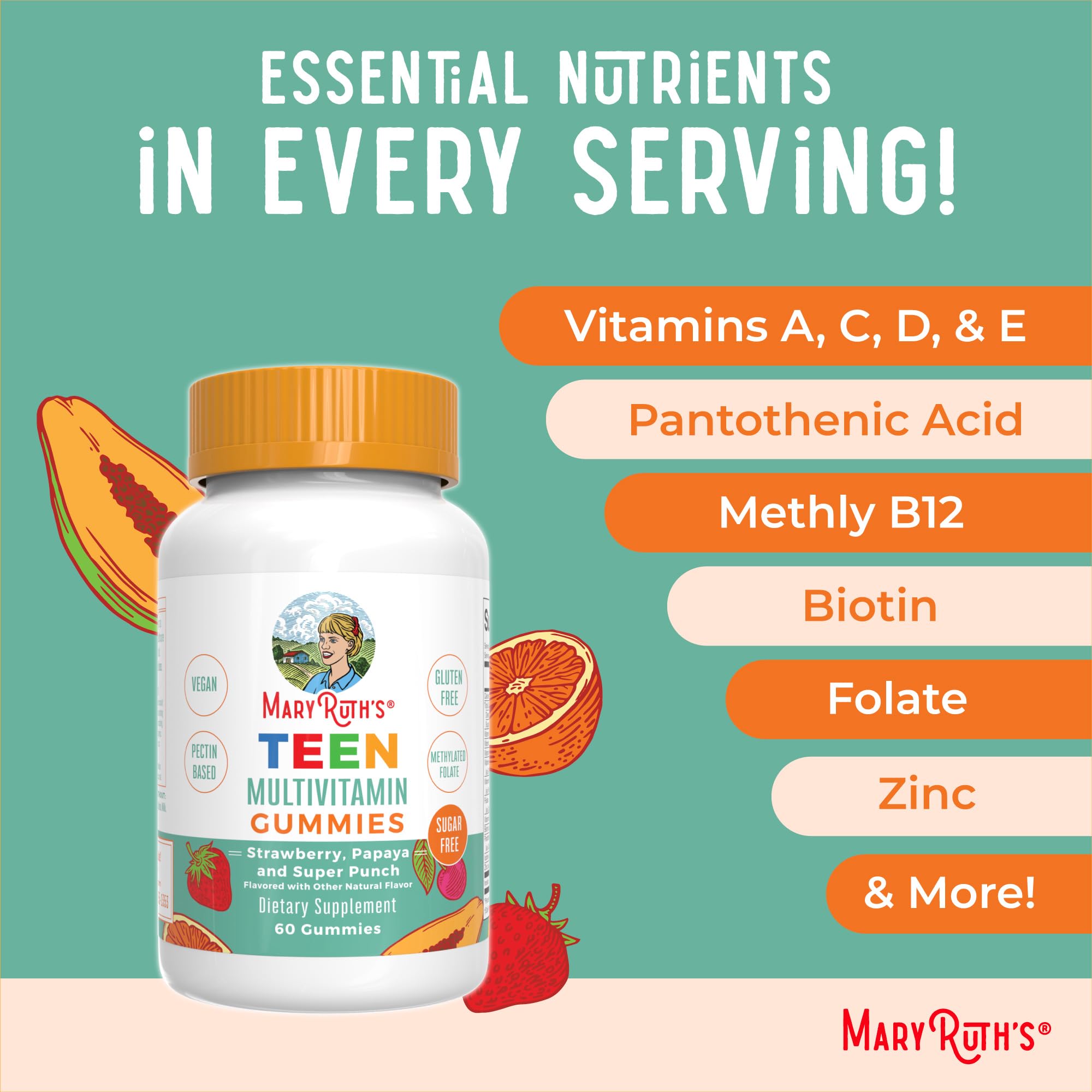 MaryRuth Organics Multivitamin for Teens | Teen Multivitamin Multimineral Gummies with Vitamin B, C, D and E, Biotin, Zinc | Teen Vitamins | Vegan | Sugar Free | Gluten Free | 60 Count