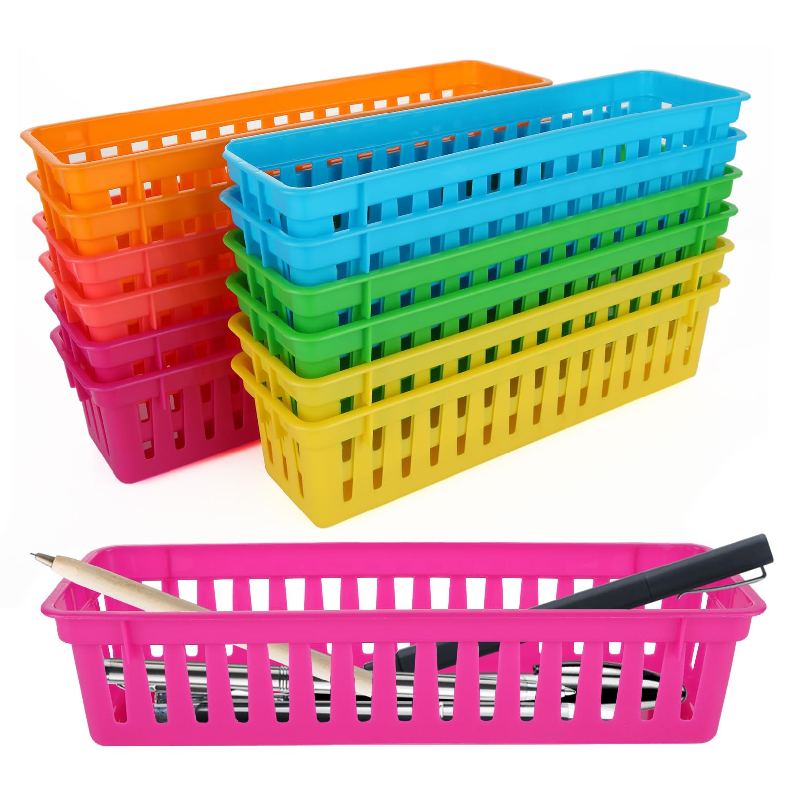 Oungy 24 PCS Classroom Pencil Organizer Basket, 23 x 7 x 6cm Plastic Stationery Storage Baskets, 6 Colours Pencil Storage Baskets for Classroom, Office, Drawer, Desktop