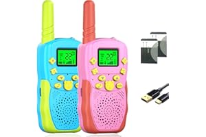 POKPOW Walkie Talkies for Kids Rechargeable 2 Pack Long Range 22 Channels 2 Way Radio Outdoor Kids Toys for Ages 3-12 Camping Hiking Birthday Xmas Easter Gifts for Boys Girls (Blue Pink)