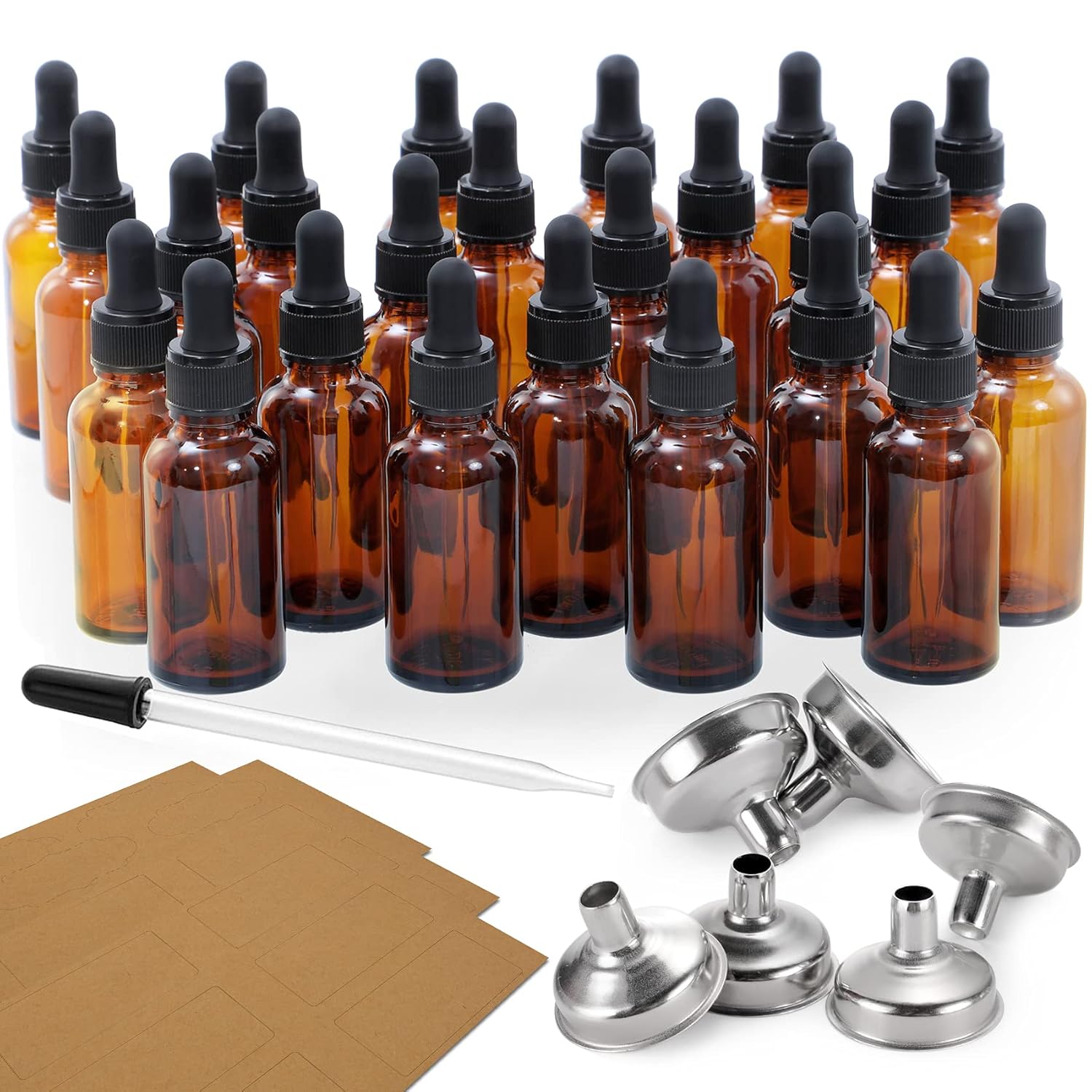 24, 1 oz Dropper Bottles for Essential Oils with 6 Stainless Steel Funnels & 1 Long Glass Dropper - 30ml Amber Glass Bottles with Eye Droppers - Tincture Bottles, Leak Proof Travel Bottles for Liquids: Industrial & Scientific