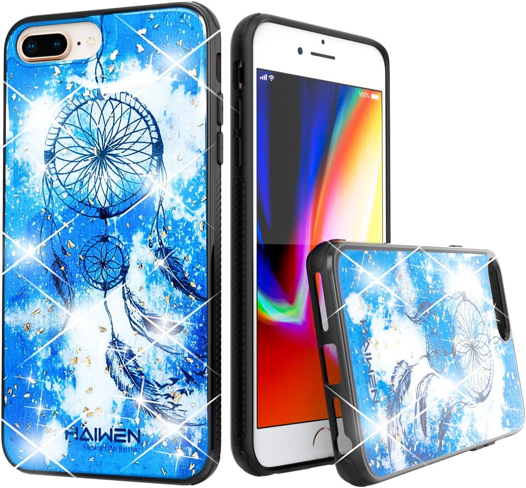 HAIWEN iPhone 8 Plus Case/iPhone 7 Plus/iPhone 6 Plus Case, Dream Catcher with Glitter Bling Gold foil, Shockproof Soft TPU + PC Full Body Protective,Crystal Glue Cover Case for Women and Girls(Blue)