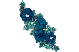 SAIXCCS 1pc Handmade Rhinestone Applique for Clothes, 3D Flower Fabric Patches for Wedding Dress, Bling Beaded Embroidery Lace Applique for Hat Hairband Sewing Embellishment (Dark Green)