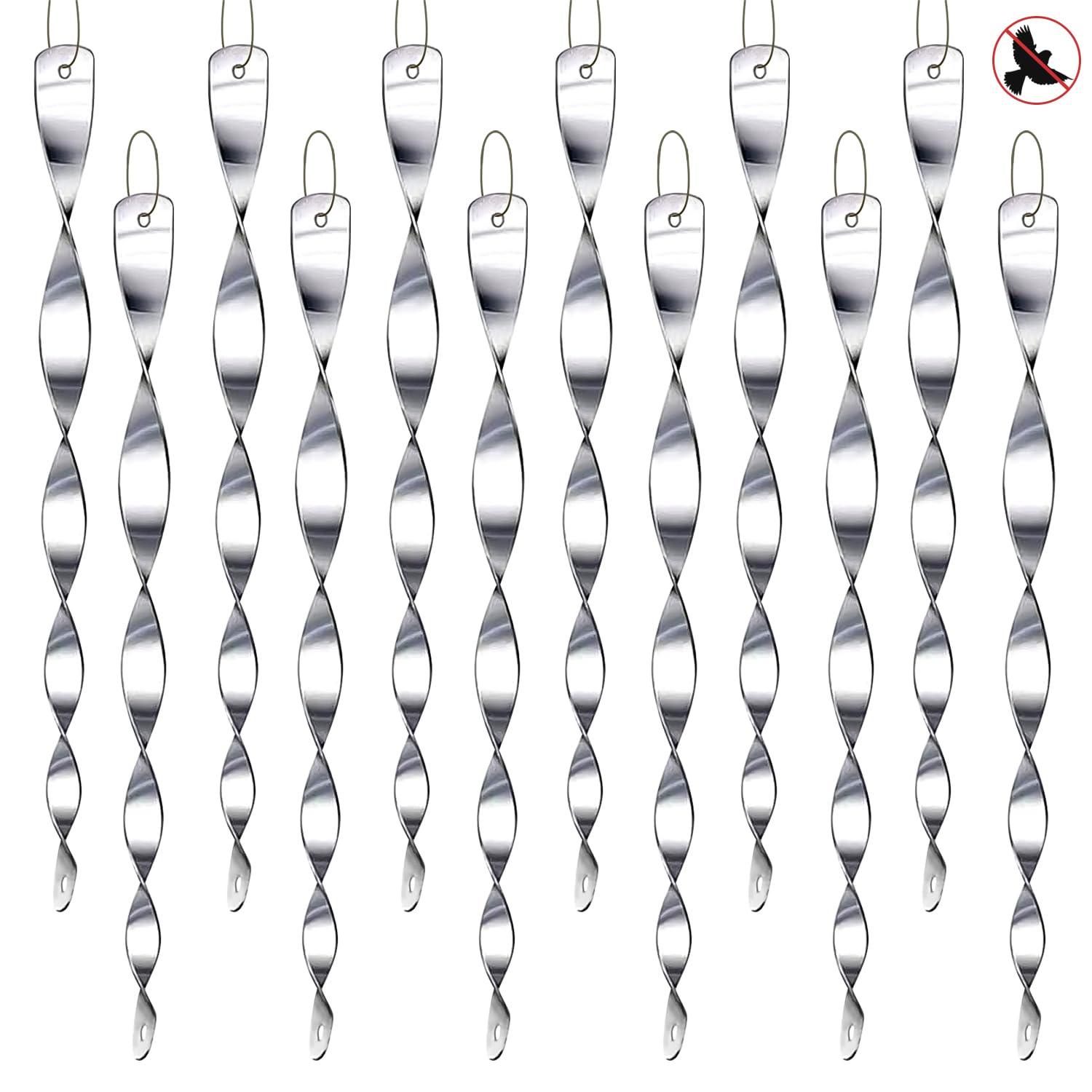 Pack of 12 Reflective Wind Spiral Bird Scarer, 30 cm, Silver Reflective Bird Scarer, Wind Chime Bird Scarer for Garden, Balcony, Window, Fence, Fruits
