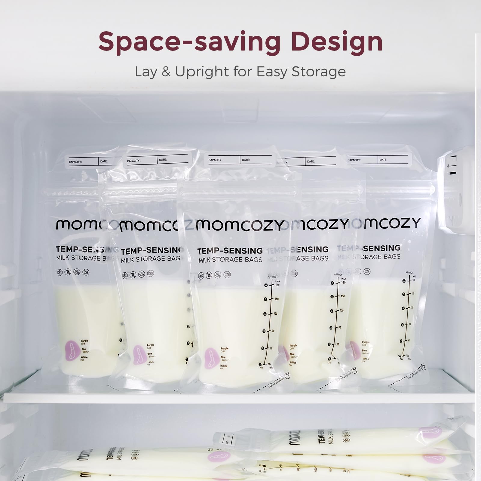 Momcozy Breastmilk Storing Bags, Temp-Sensing Discoloration Milk Storing Bags for Breastfeeding, Disposable Milk Storage Bag with 6 Ounce Self Standing, No-Leak Milk Freezer Storage Pouches, 120pcs