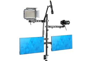 Mount-It! All in One Live Streaming Equipment - 5 Arm Desk Mount - Holds Dual Monitors, Cameras, Ring Light with Mic Desktop 