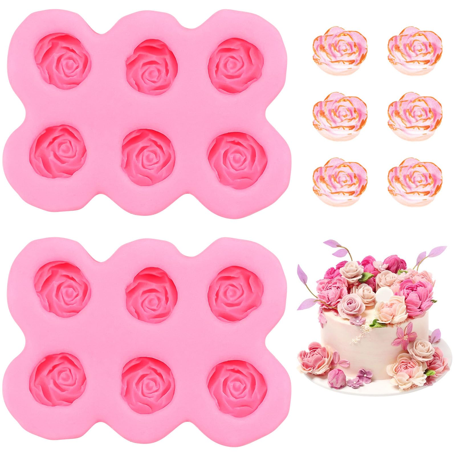 Photo 1 of 2 Pcs Rose Silicone Fondant Molds 6 Cavity Flower Cake Resin Mold Candy Chocolate Ice Cube Fondant Molds Kitchen Baking Tools for Sugarcraft Cake Decorating