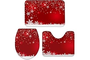 QUEENKER 3 Pieces Bath Rug Set Toilet Seat Cover Winter Snowflake Red Christmas Holiday Decor Print Contour Rug, Pedestal Mat and Toilet Lid Cover，Non-slip Bathroom Floor Mat 20''x31''+16''x18''+16''x20''