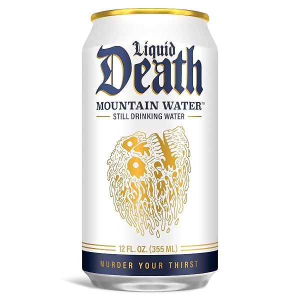 LIQUID DEATH, STILL MOUNTAIN WATER, 12-PACK (12OZ CANS), REAL MOUNTAIN SOURCE, INFINITELY RECYCLABLE ICE-COLD CANS, AMERICAN MADE