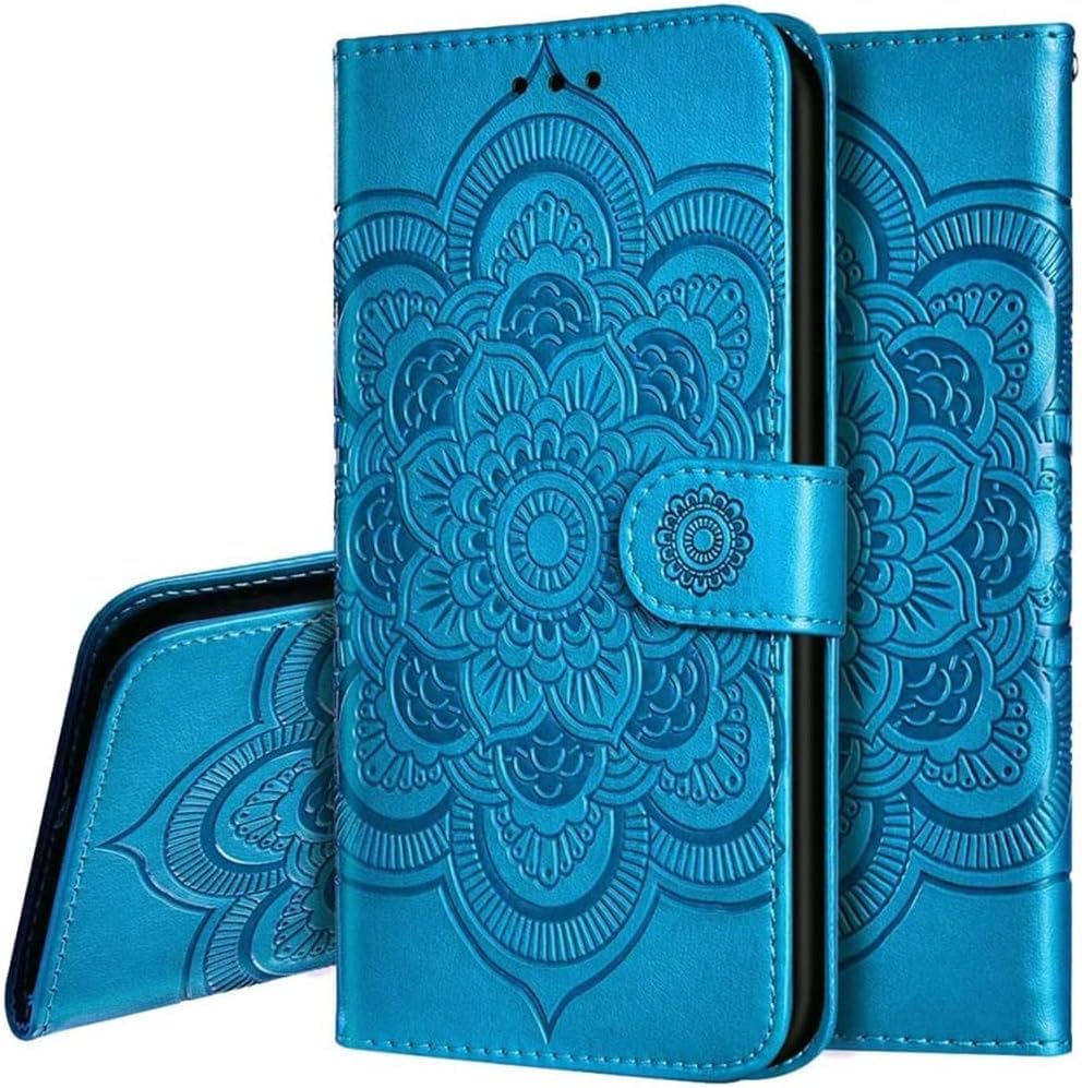 SIYOPINPFY Compatible with iPhone 16 Pro Wallet Case - Premium Leather Mandala Style, Flip Folio Book Covers, Credit Card Holder Shockproof Phone case Women Men for iPhone 16 Pro - Blue LD