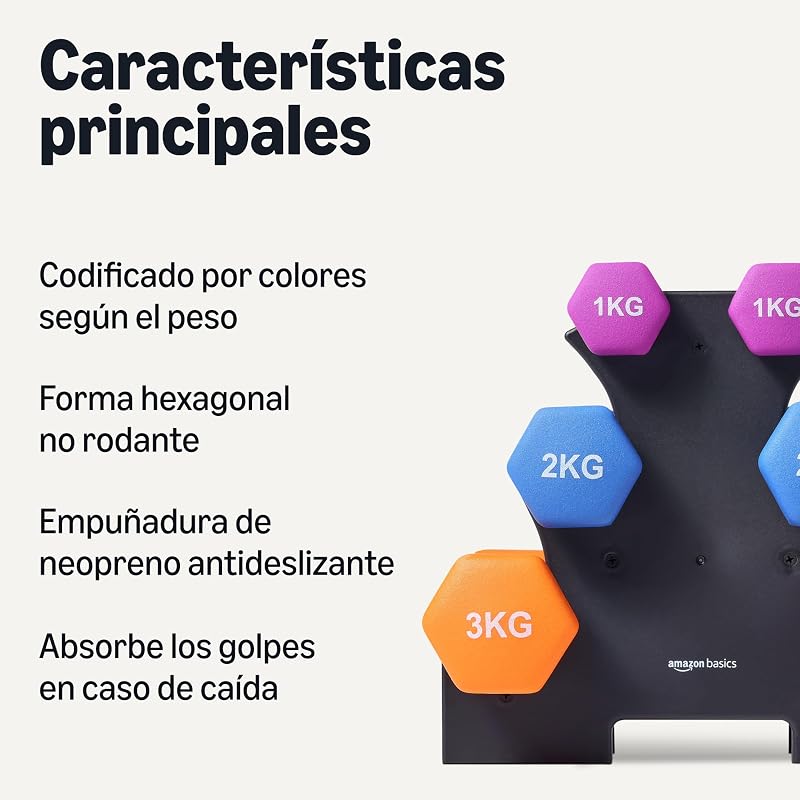 Amazon Basics - Conjunto de halteres de neoprene com suporte, Pack de 3 (1 kg, 2 kg, 3 kg), Multicolor