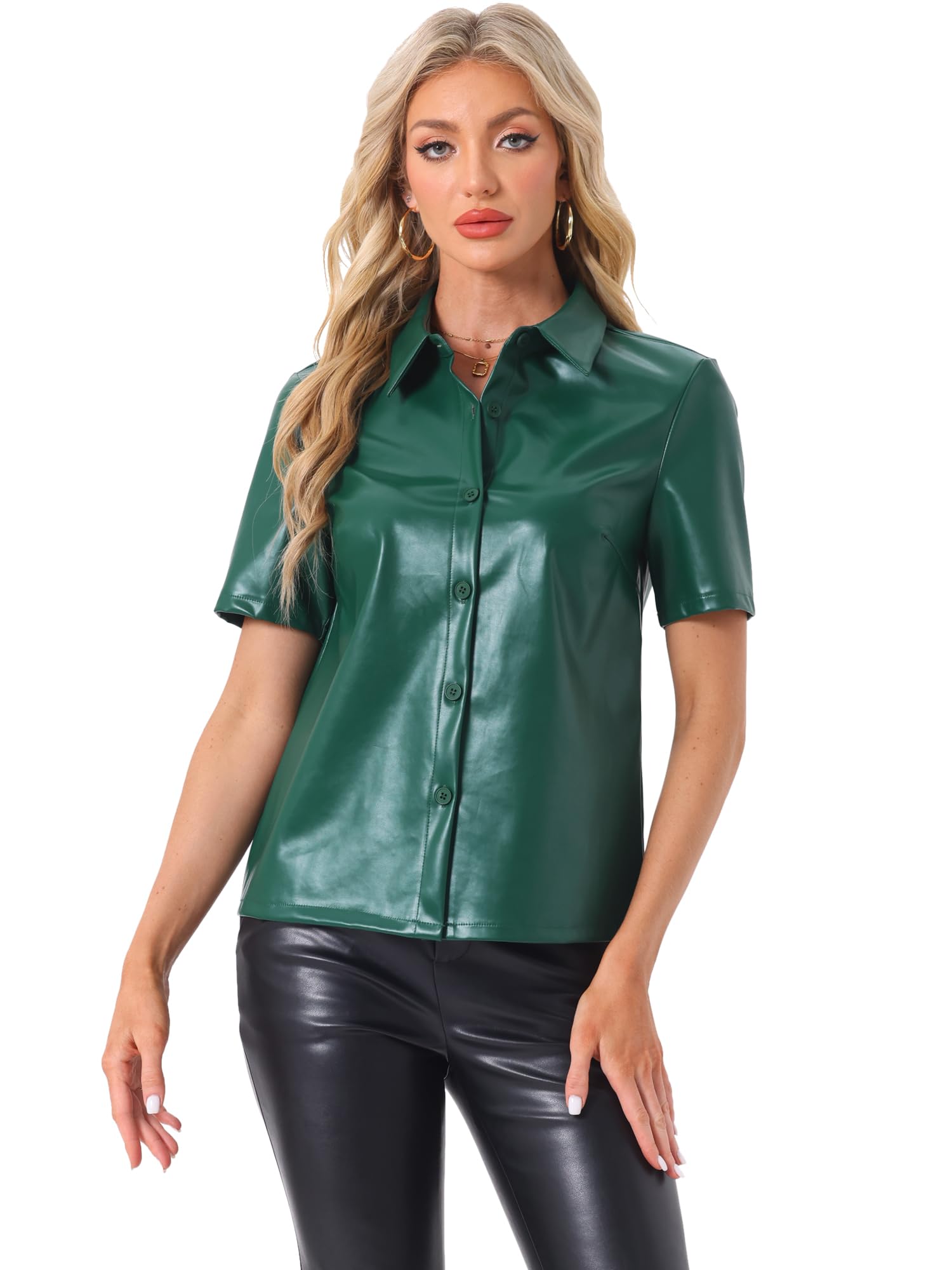 Photo 1 of *** BLACK *** Allegra K PU Leather Button Down Shirt for Women's Short Sleeve Collar Blouse Jacket Party Club Top Large Deep Green