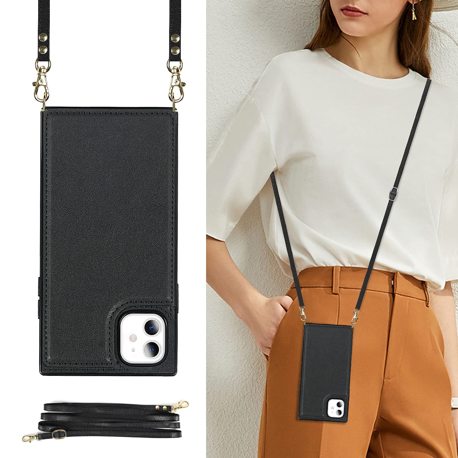 UEEBAI Crossbody Wallet Case for iPhone 11 6.1 inch, Kickstand with Adjustable Removable Lanyard Neck Strap Case Card Holder Shockproof Cover Magnetic Clasp Cover Flip Case -Black