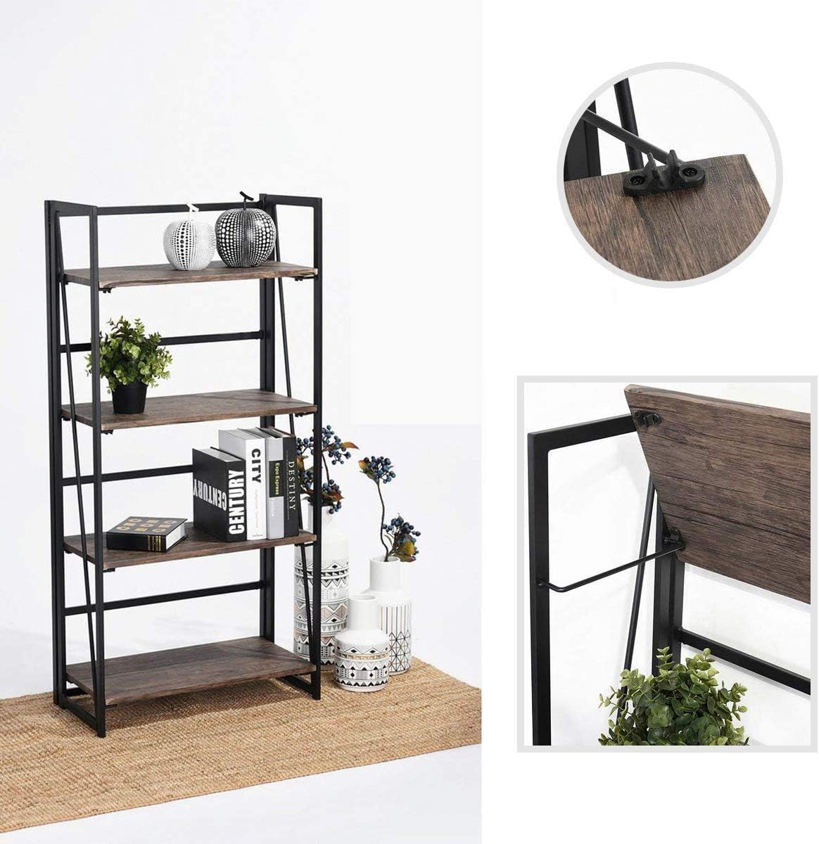 Coavas Folding Bookshelf Home Office Industrial Bookcase No Assembly Storage Shelves Vintage 4 Tiers Flower Stand Rustic Metal Book Rack Organizer, 23.6 X 11.8 X 49.4 Inches: Furniture & Decor