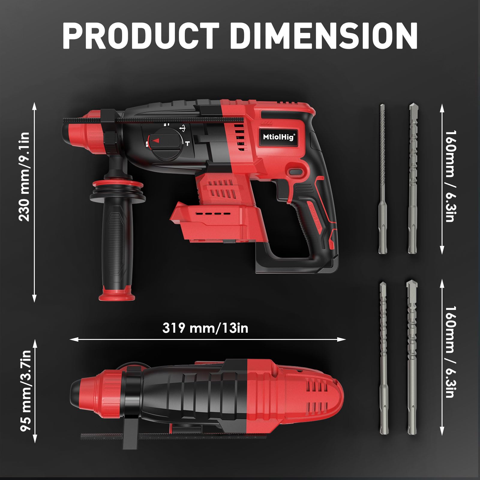 Cordless Rotary Hammer Drill for Milwaukee 18V Battery, Brushless SDS-Plus Hammer Drill with Safety Clutch for Concrete/Masonry, 1500 RPM, 4 Modes with 360°Auxiliary Handle, Including 4 Drill Bits
