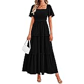 PRETTYGARDEN Summer Dresses for Women 2026 Boho Swiss Dot Smocked Square Neck Short Sleeve Spring Wedding Guest Maxi Dress