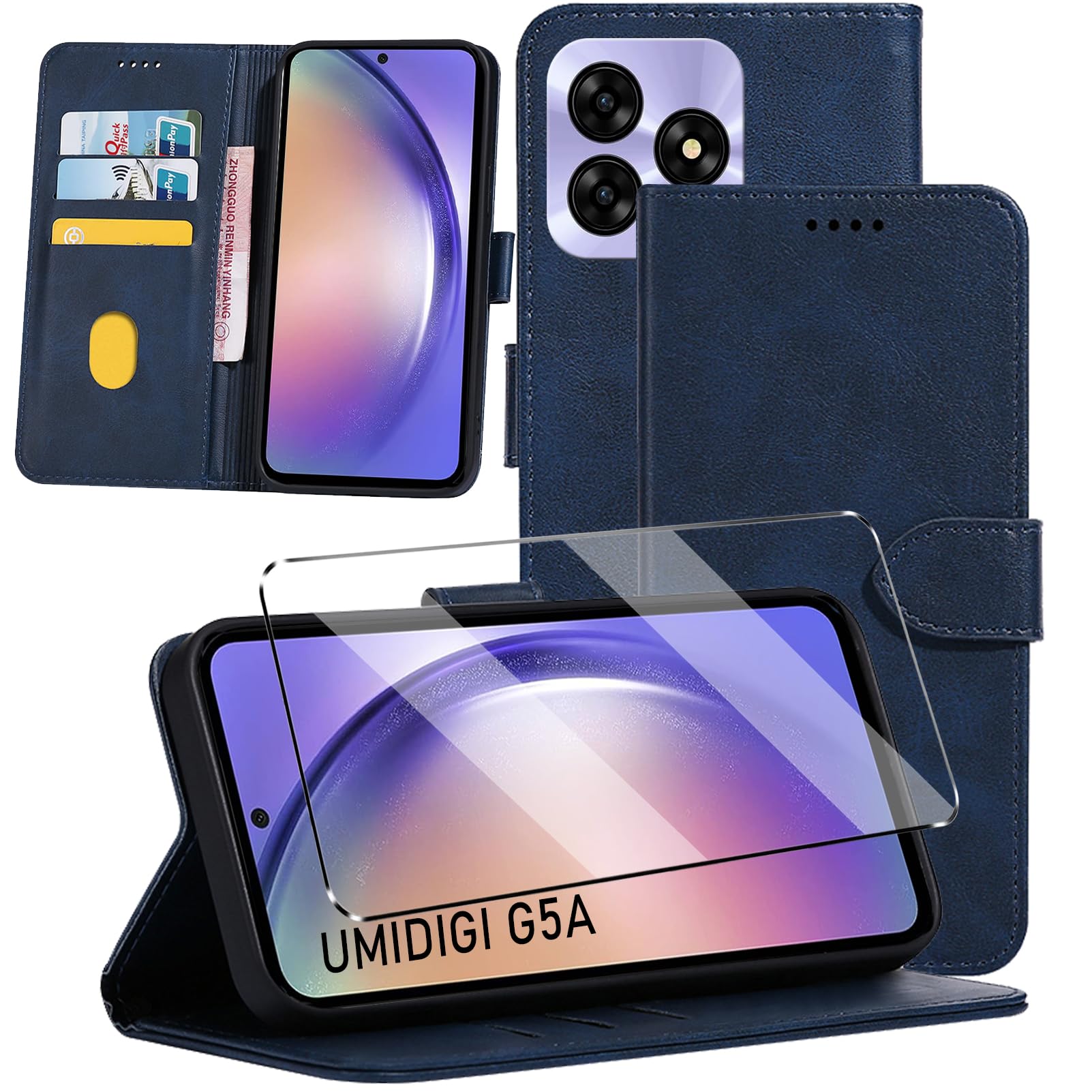 HuiYouMY 2-in-1 Case Compatible with UMIDIGI G5A Leather Phone Case, Wallet Case Cover [Card Slots] [Kickstand] Magnetic Closure Full Protection Book Folio Design wallet flip phone case - Navy