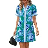 Wenrine Womens Summer Mini Dresses Casual Floral Puff Short Sleeve V Neck Button Down Ruffle Beach Sundress with Pockets