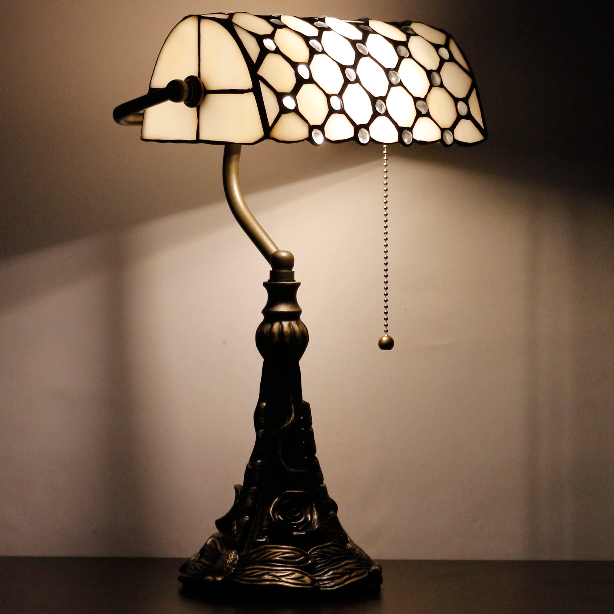 Photo 1 of SYETL Tiffany Banker Lamp Small Stained Glass Table Lamp Tiffany Style Piano Light White Crystal Pearl Bead Style Desk Lamp Angle Adjustable 10.6X15.7 Inch for Home Office Living Room Bedroom