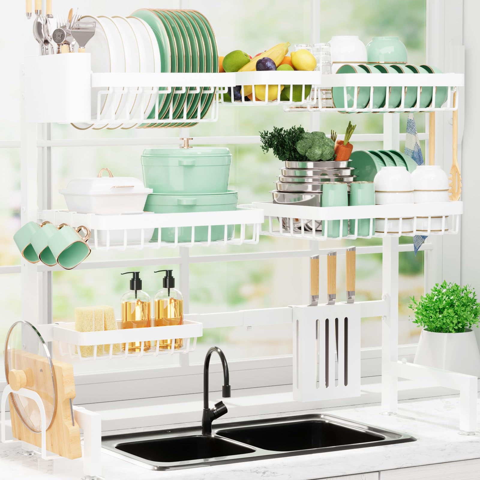 Photo 1 of Sakugi Dish Drying Rack - Over The Sink Dish Drainer Drying Rack with Utensil & Knife Holder, Hooks, Stainless Steel Kitchen Organizers and Storage Solution, 11.8" D x 31.5"~39.0''W x 30" H, White