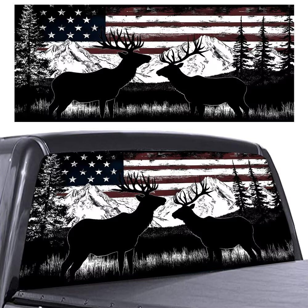 Photo 1 of American Flag Deer Rear Window Decals for Trucks, Pine Trees Mountains Landscape Automotive Decal, Car Decor Perforated Vinyl Window Film Sticker, Patriotic Back Window Graphic, 66" x 20"