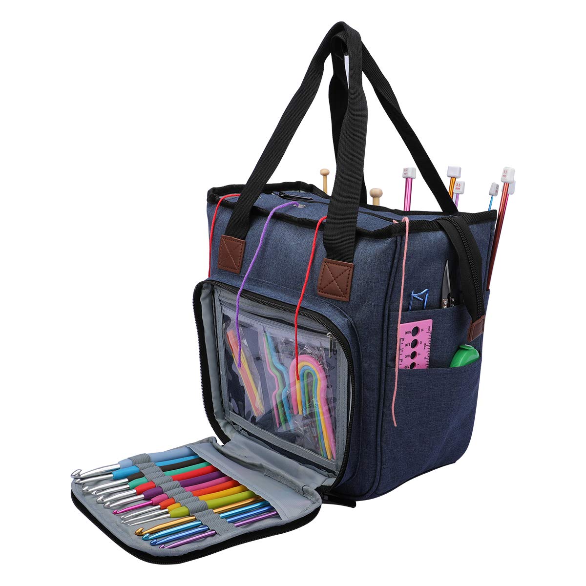 Coopay Craft Bag for Crochet Knitting Cross Stitch, Knitting Bags and Knitting Organizers, Crochet Project Bags for Wool and Needles Storage, Travel Sewing Bag Yarn Holder Accessories, Navy
