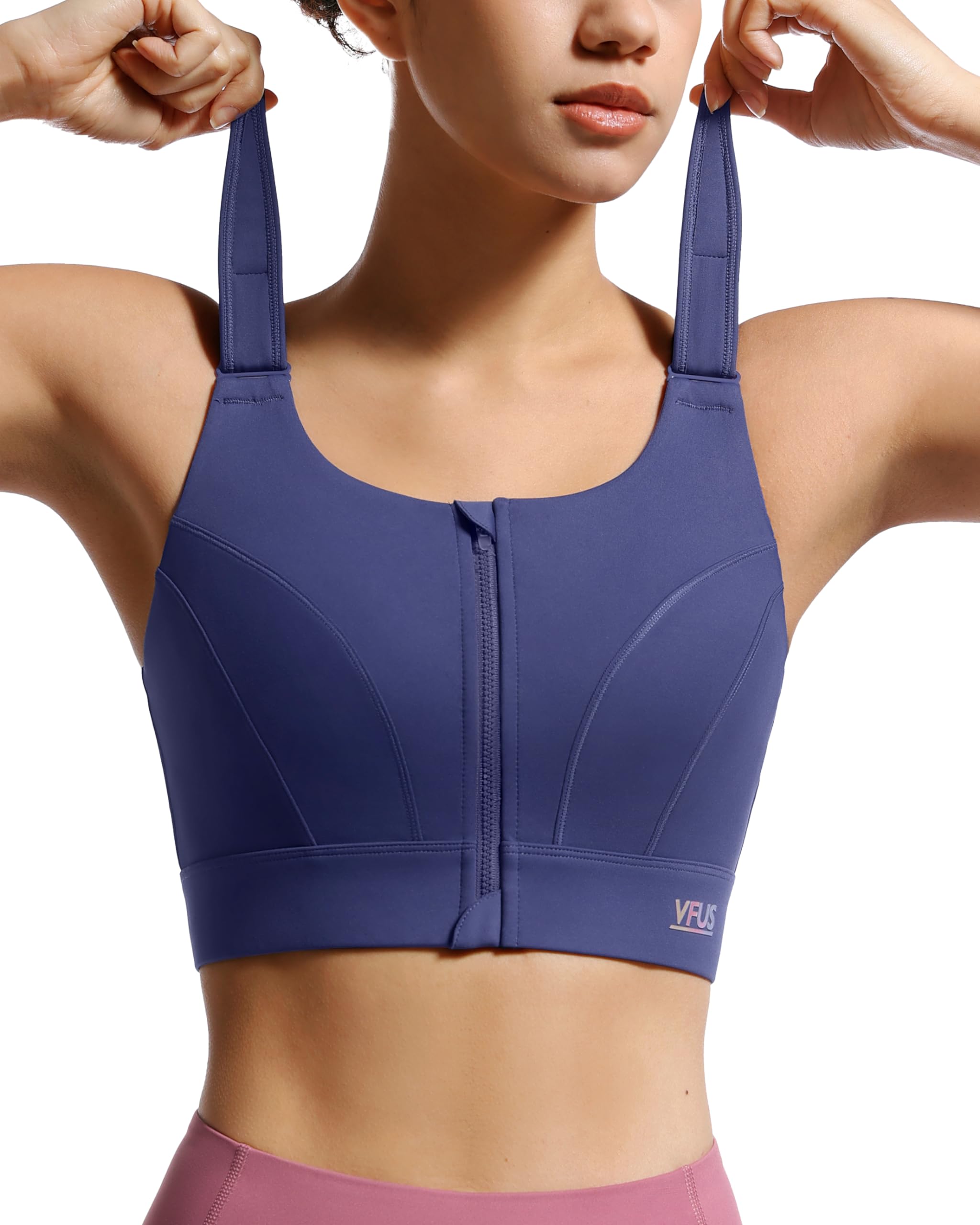 Photo 1 of VFUS Adjustable High Impact Sports Bras for Women Zip Front Full Coverage and Lift Padded Compression Tops (X-Large, Navy)