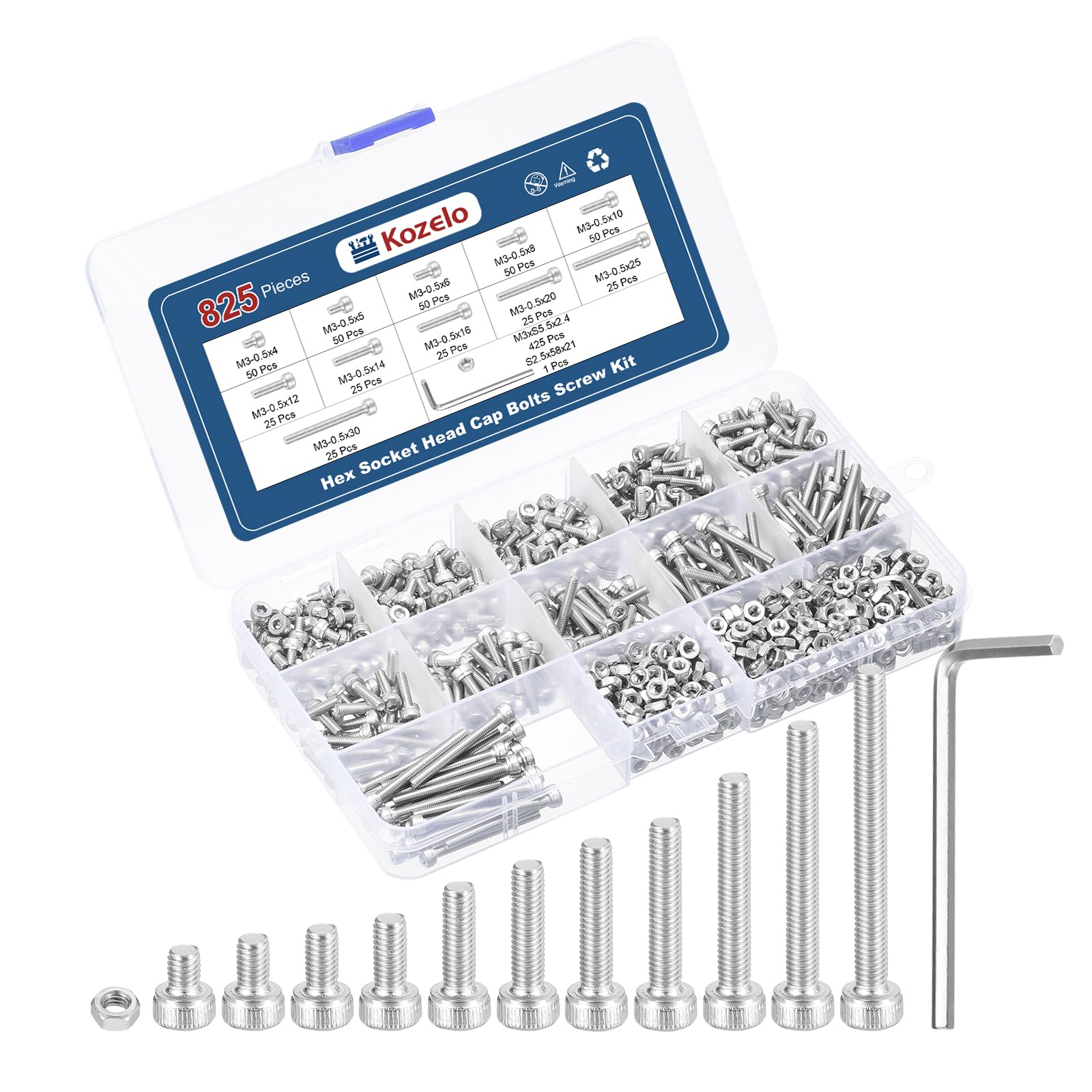 Kozelo 825pcs M3 Socket Head Cap Screws Bolts Nuts Assortment Kit - [M3x4/5/6/8/10/12/14/16/20/25/30mm] 304 Stainless Steel Allen Socket Drive for 3D Printer with Allen Wrench