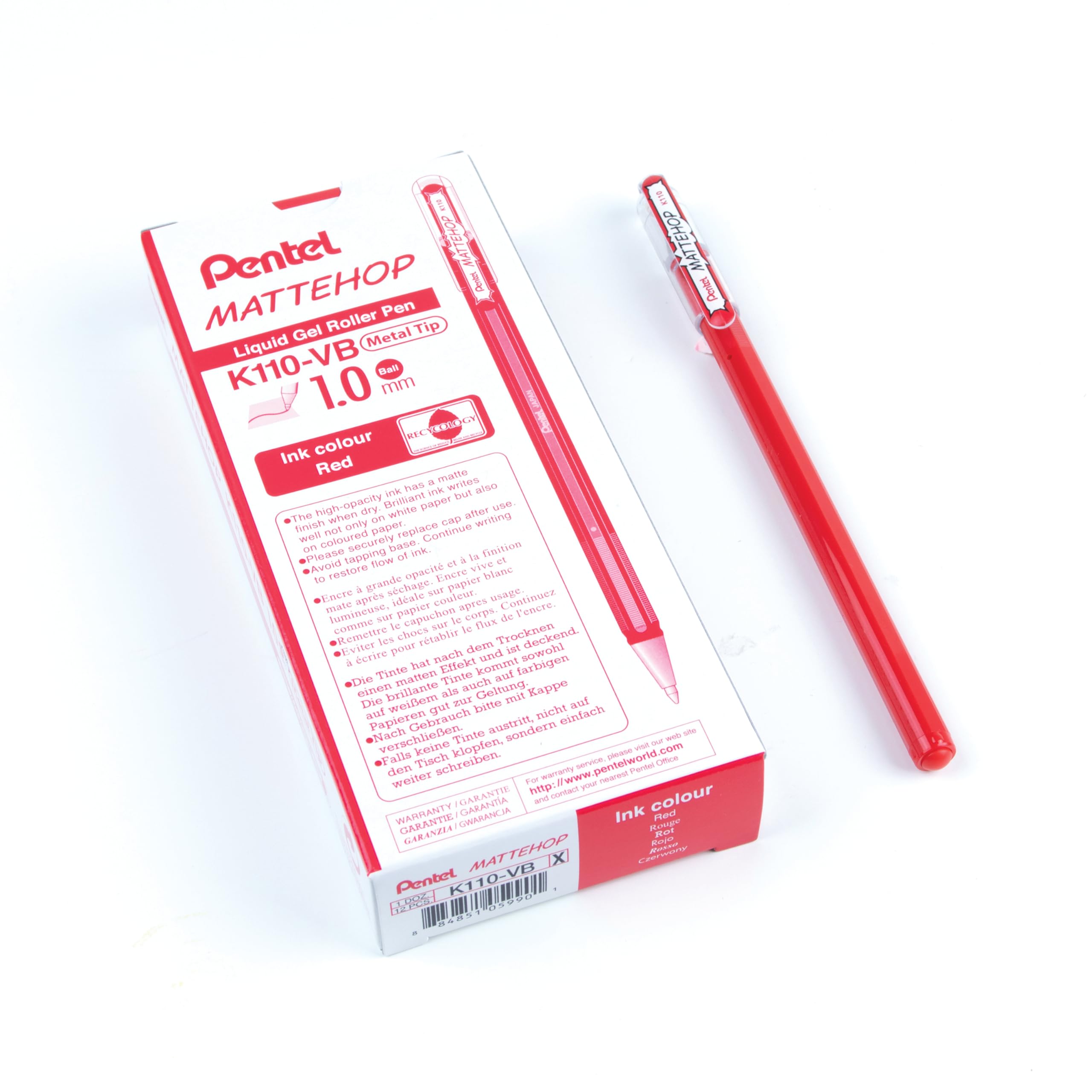 Pentel Mattehop 1.0mm Gel Roller Red - Pack of 12