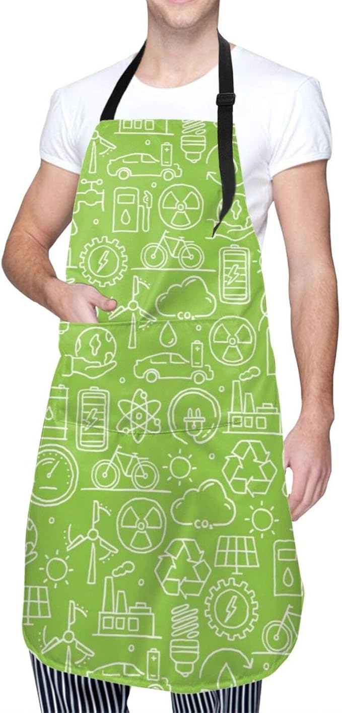 White and Green Aprons for Men Adjustable Apron with