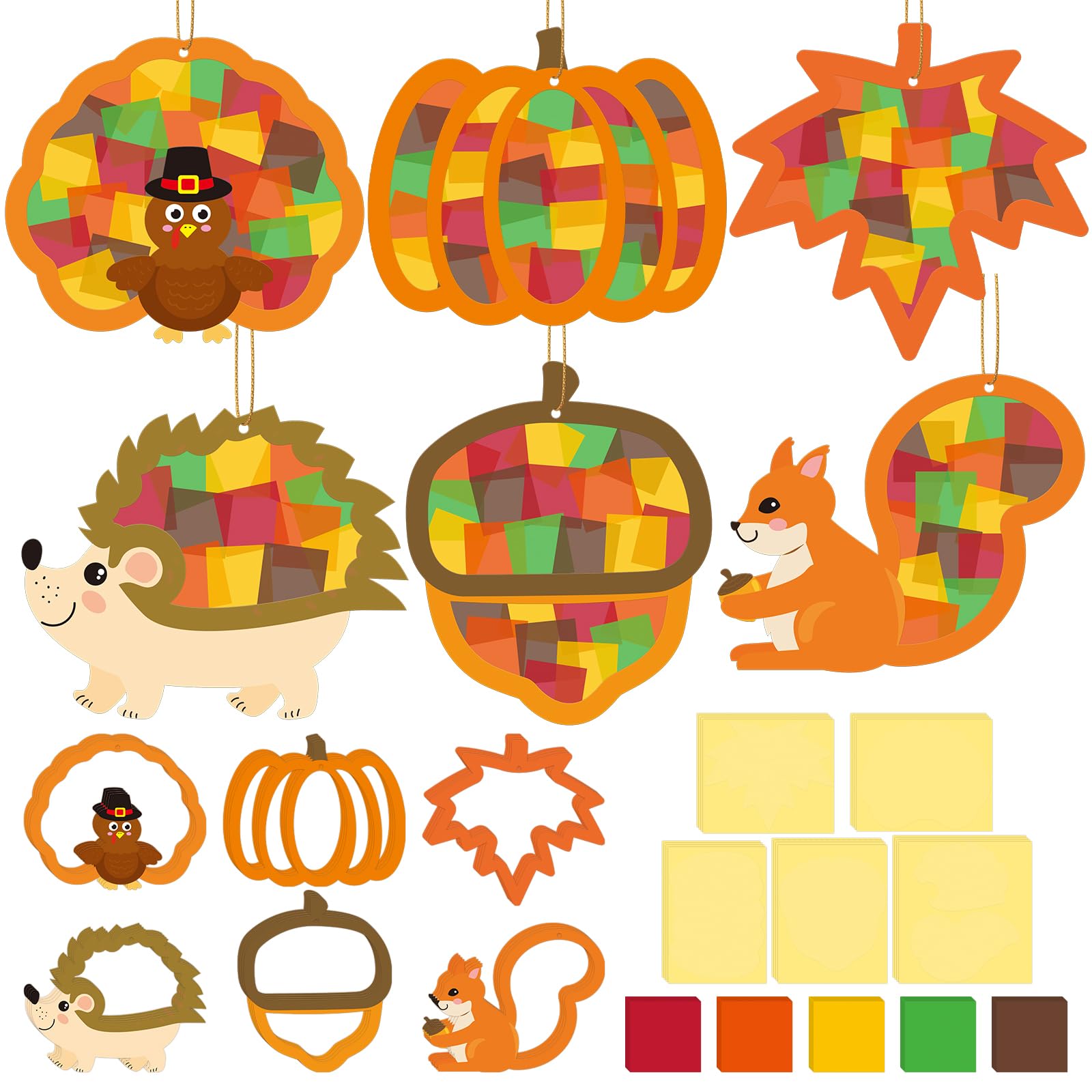 Photo 1 of 24 Sets Fall Tissue Sign Craft Kit Fall Maple Leaves Pumpkin Animal Suncatcher Craft Autumn Thanksgiving DIY Craft Ornament Decorations for Fun Home Actives