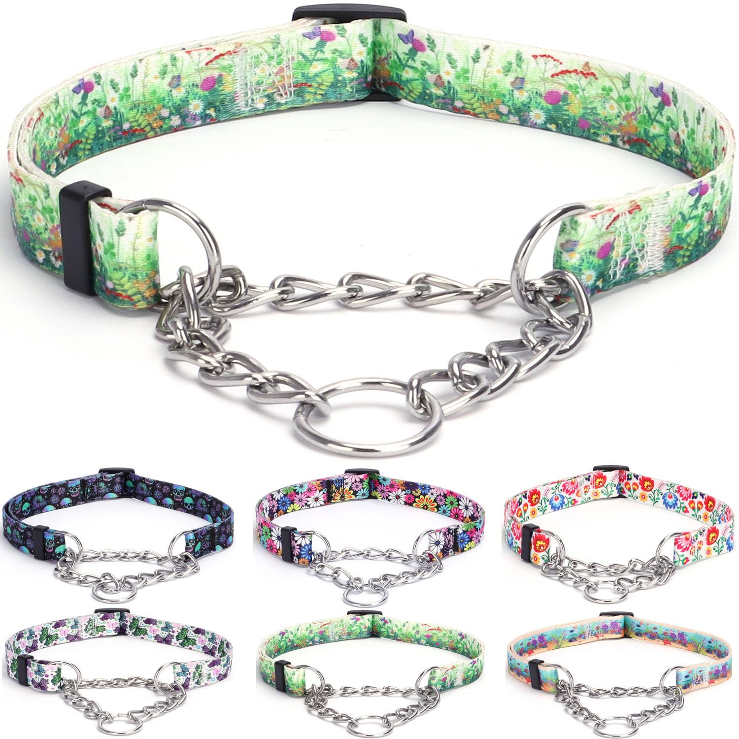 haoyueer Martingale Dog Collar - Stainless Steel Chain, No Pull Training Collar with Flower Design for Large Medium Small Dogs (S, Grass)