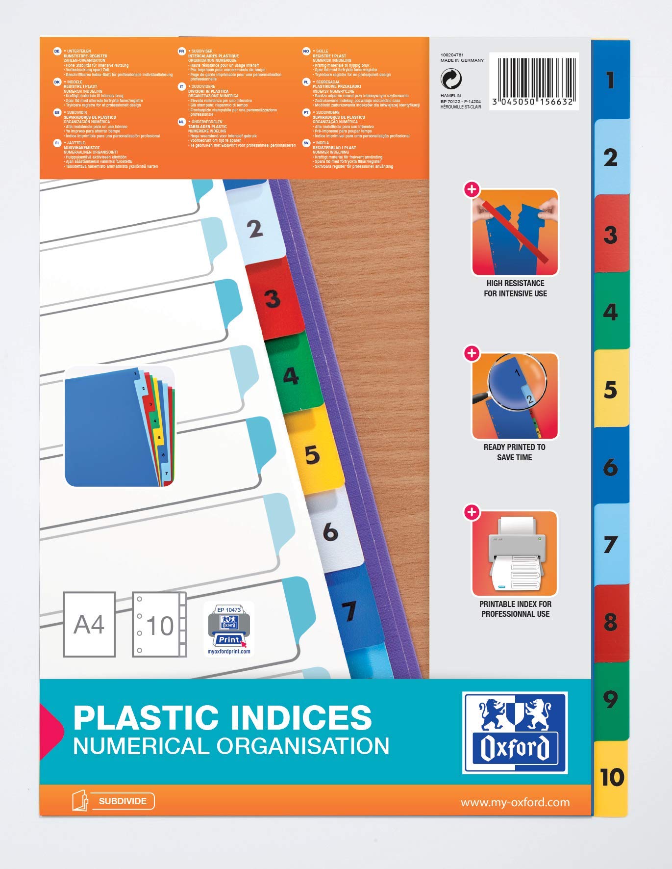 Elba Kleurde kunststof tabbladen A4 10 tabs 1-10 11 gaats assorti