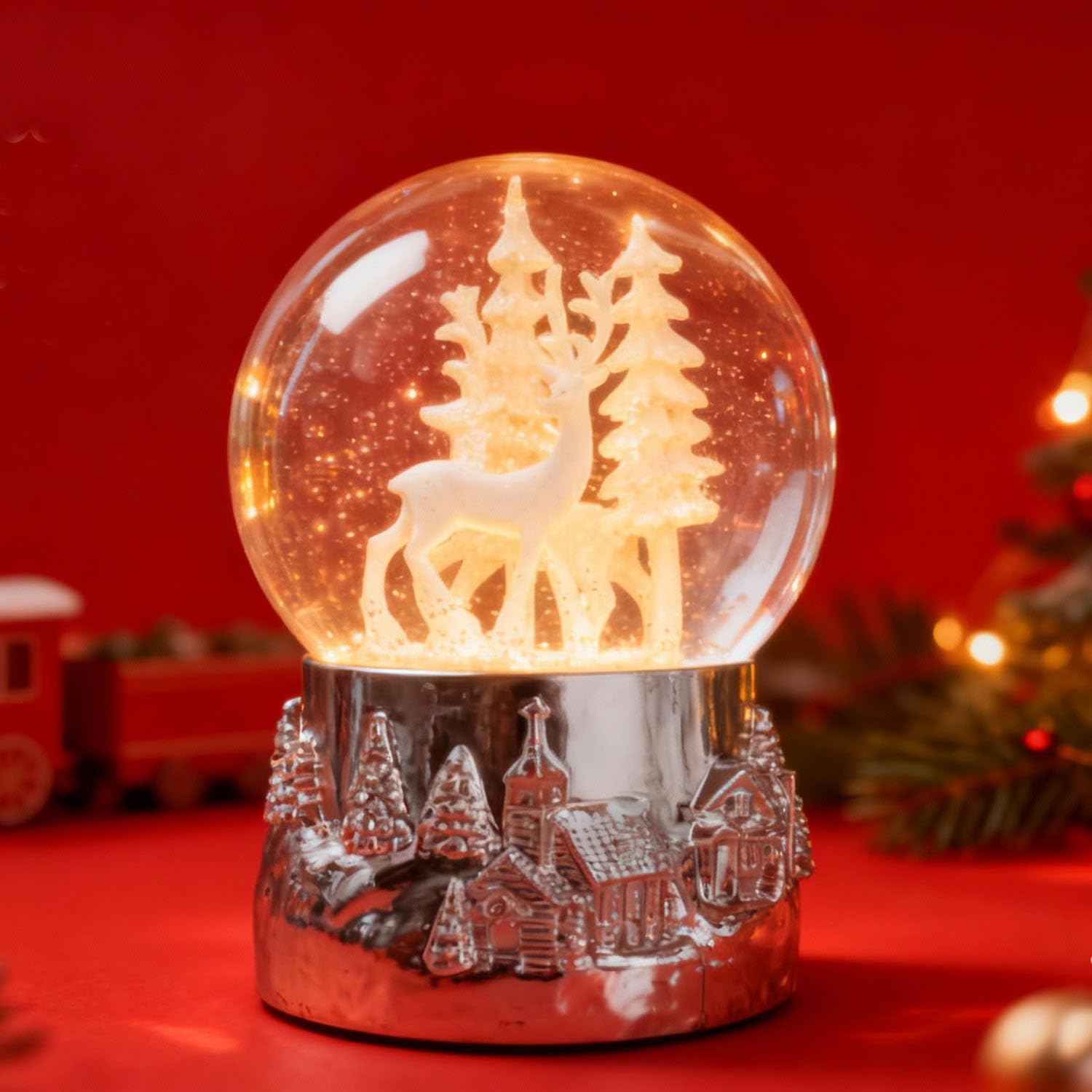 Hpoeude Winter White Deer Musical Christmas Snow Globe LED Light Up, 6.7Inch Height Water Globe, Festive Christmas Decor, Ideal Gift for Women and Adult.
