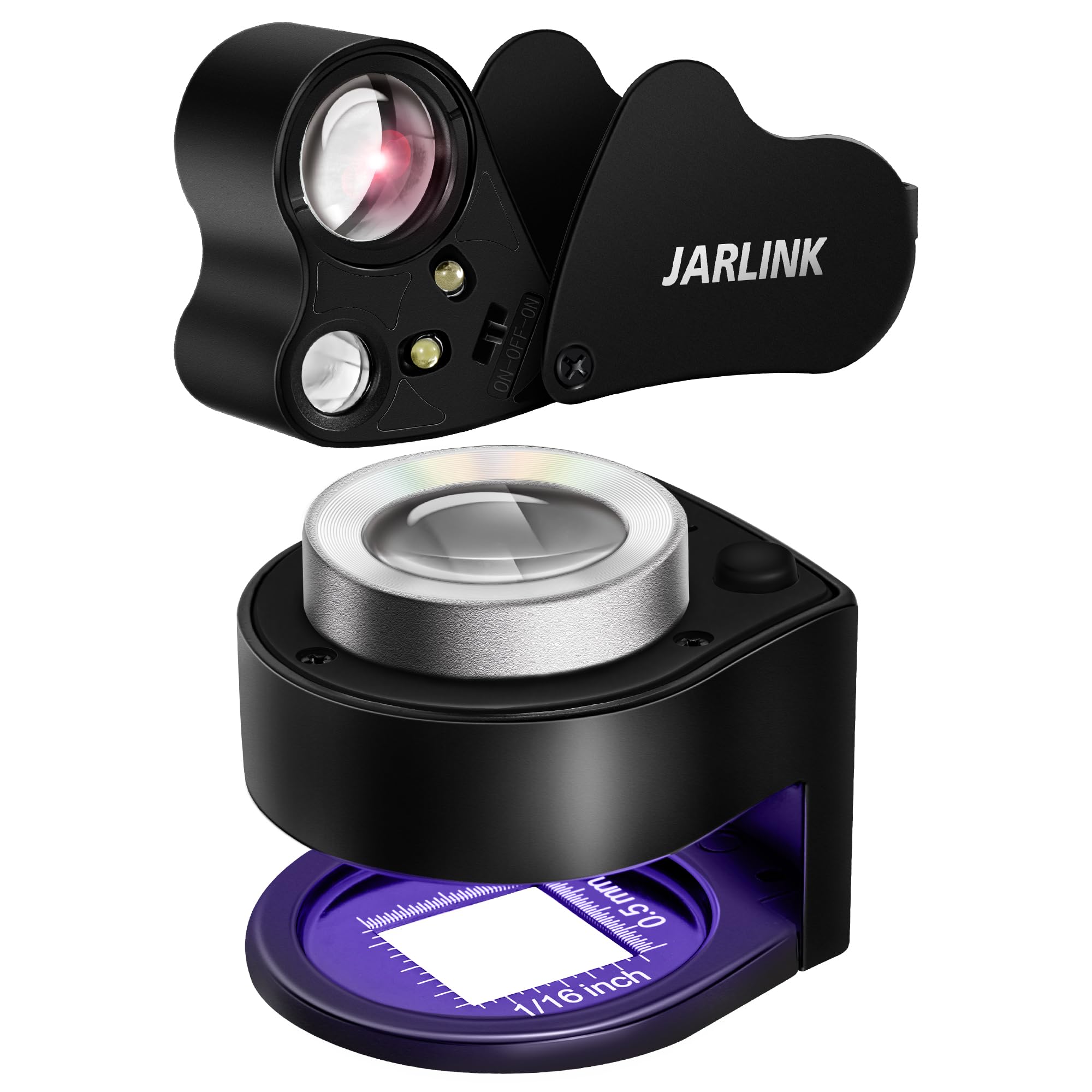 JARLINK 2 Pack 30X 60X Jewelers Loupe, Foldable Jewelry Magnifier with Bright LED Light, Rechargeable Loupe Magnifier with 3 LED and 3 UV Light for Gems, Jewelry, Coins, Stamps (Black)