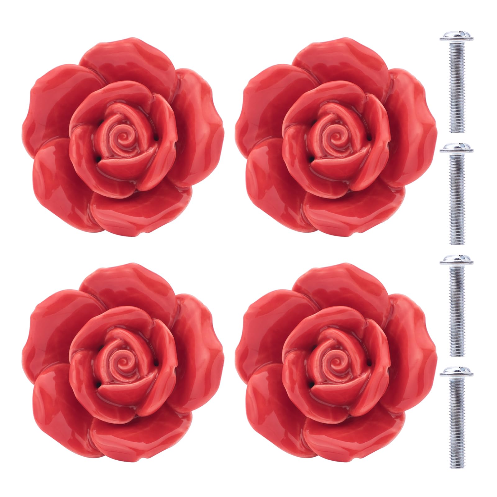 NAKUPENDA Ceramic Knobs Set of 4 Roses Flower Knobs Drawer Knobs Porcelain Rose Furniture Knobs for Drawers Cabinets Cupboard Doors (Red)